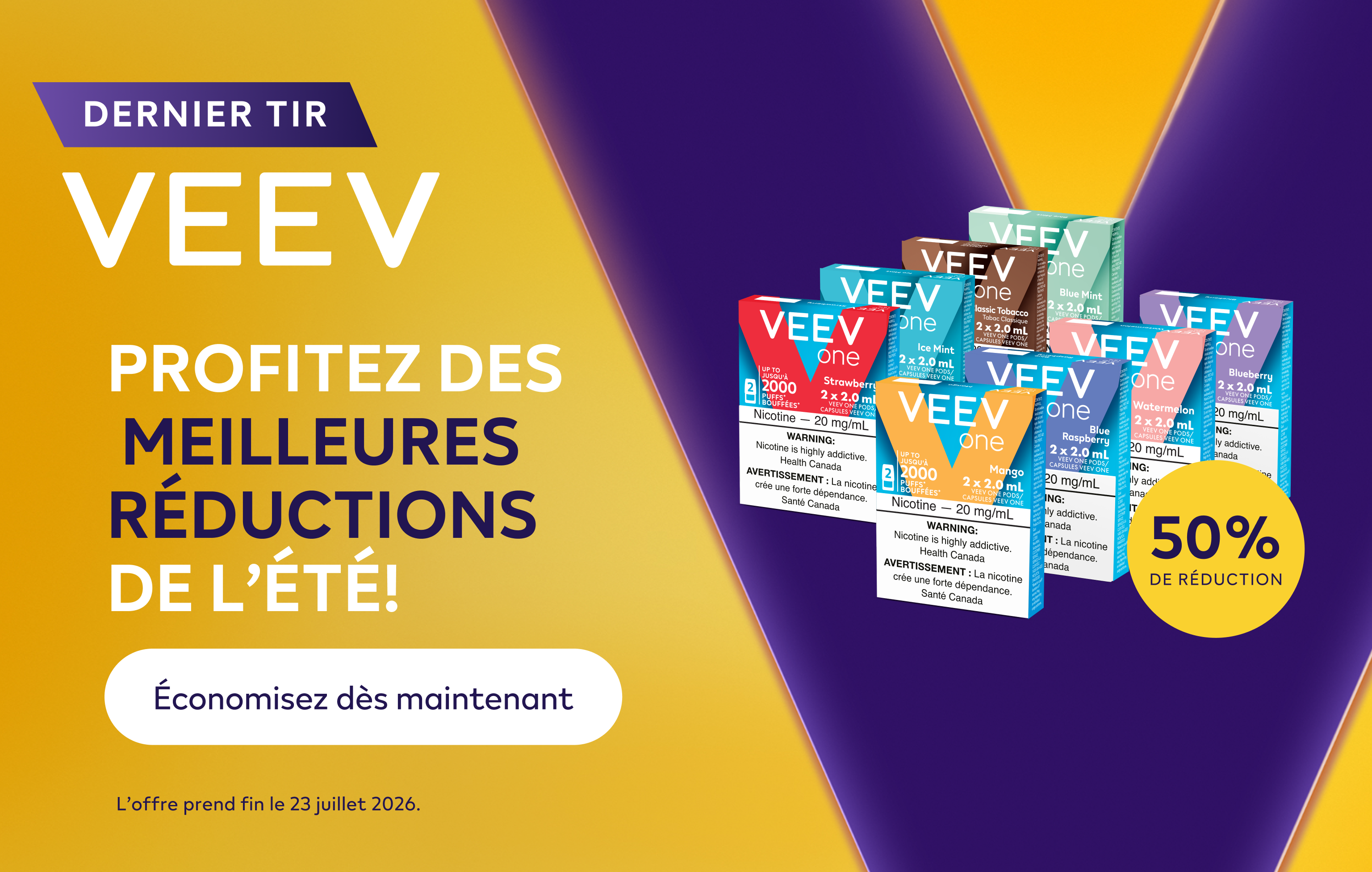 VEEV pods and disposables on a yellow v background.